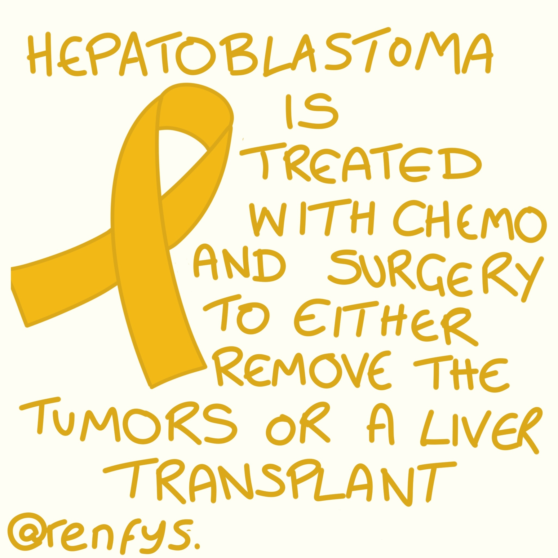 Auto-generated description: A yellow ribbon is shown alongside text explaining that hepatoblastoma is treated with chemotherapy and surgery to either remove the tumors or perform a liver transplant.