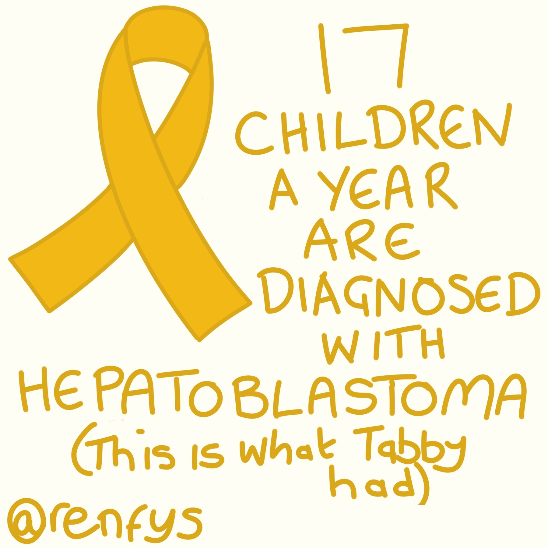 Auto-generated description: A golden ribbon is shown alongside the text stating that 17 children a year are diagnosed with hepatoblastoma, with a personal note about Tabby.